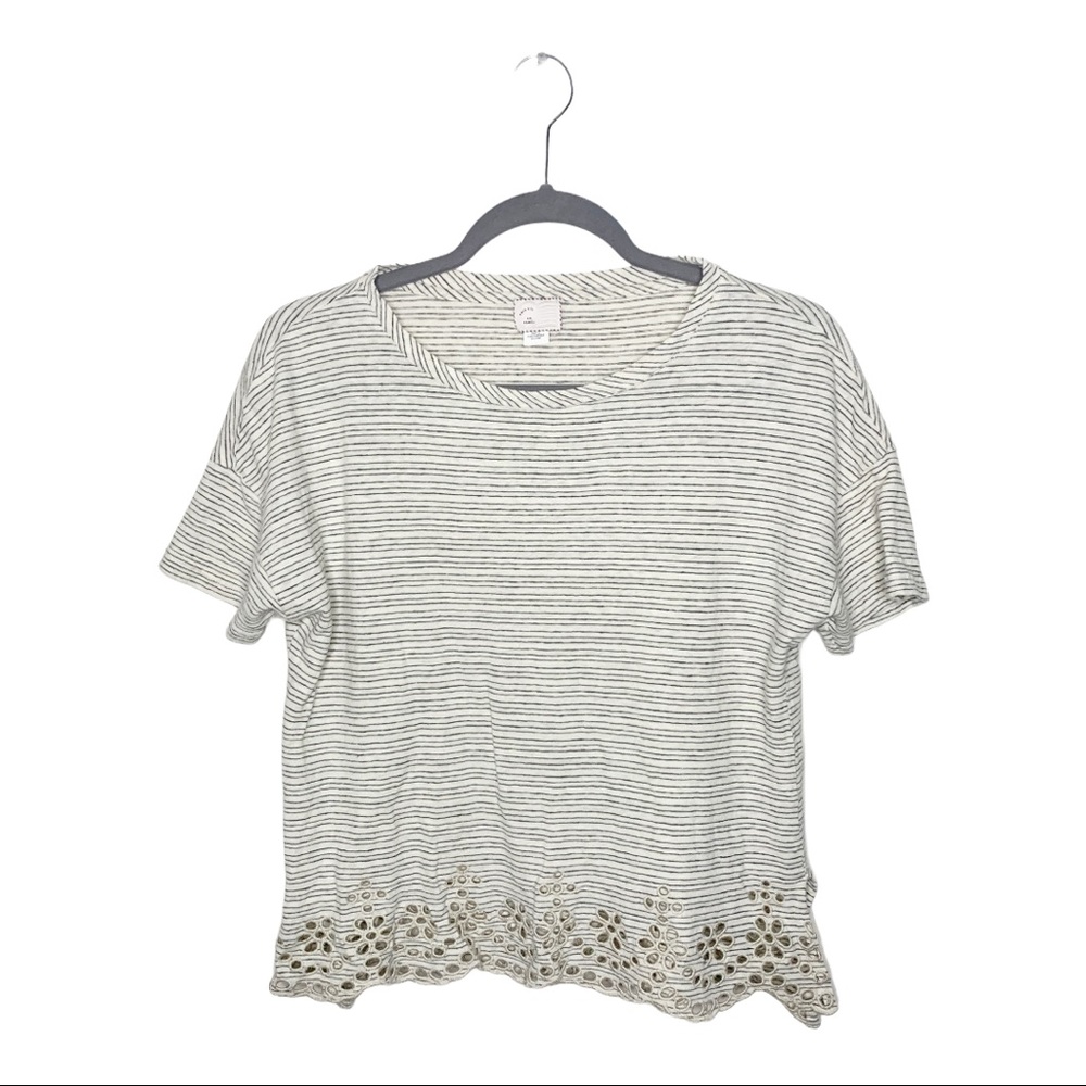 Anthropologie Striped Short Sleeve Eyelet Top XS Beige - Picture 2 of 4